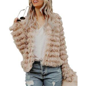 Women’s Open Front Faux Fur Cardigan Cozy Vintage Shaggy Beige Coat